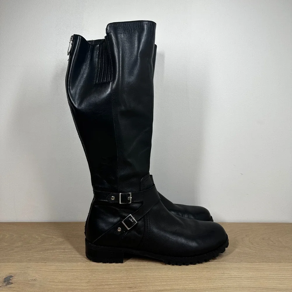 Adrienne Vittadini Boots Women 9 Black Leather Knee High Moto Buckle Riding